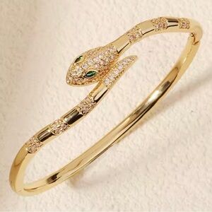 Gold Snake Bangle Bracelet with Green Eyes
